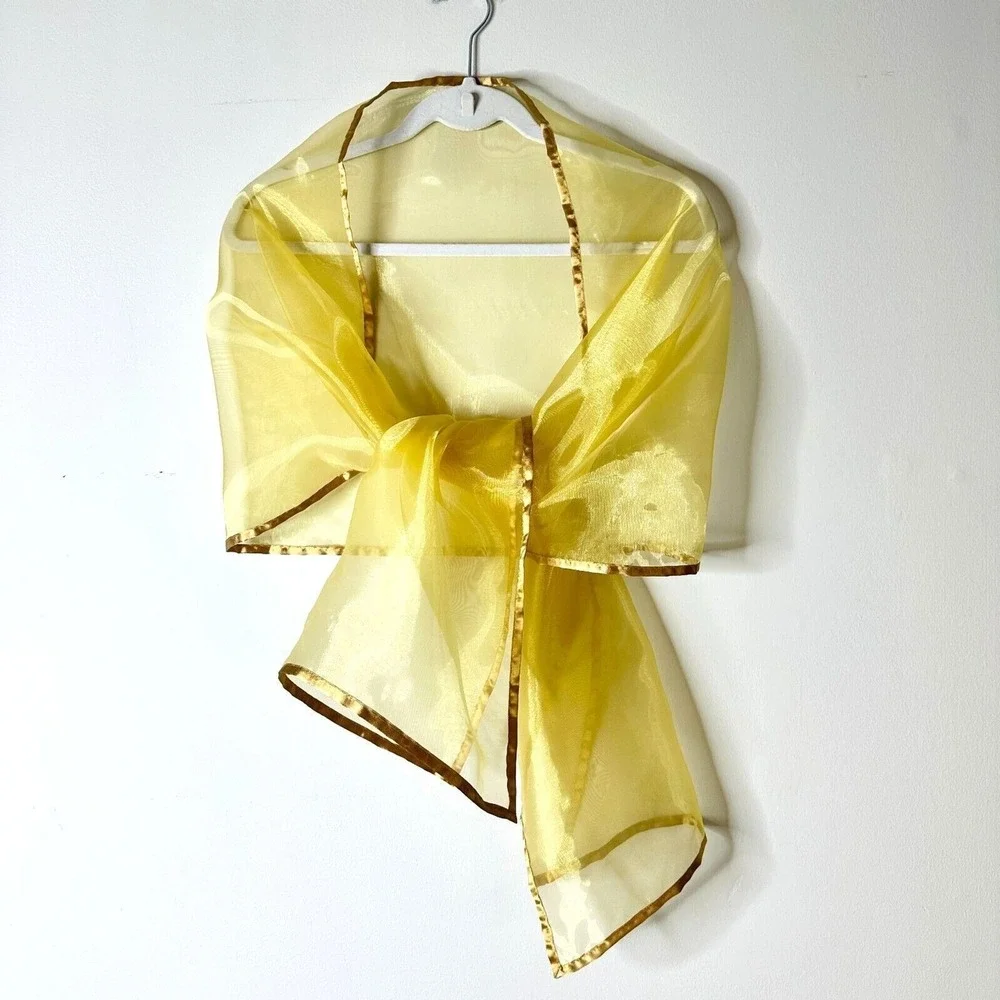 Unbranded Sheer Yellow Scarf Stole Wrap Gold Trimmed 18